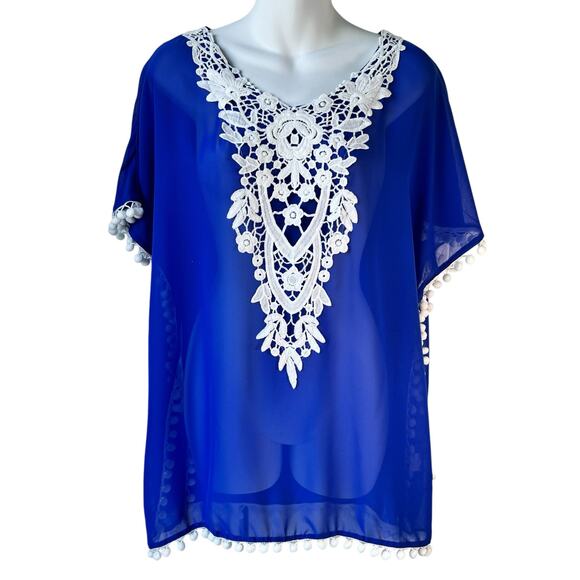 Chiffon Crochet Swimsuit Pullover Cover Up Womens S-M Blue White Beachy Vacation - Picture 2 of 15